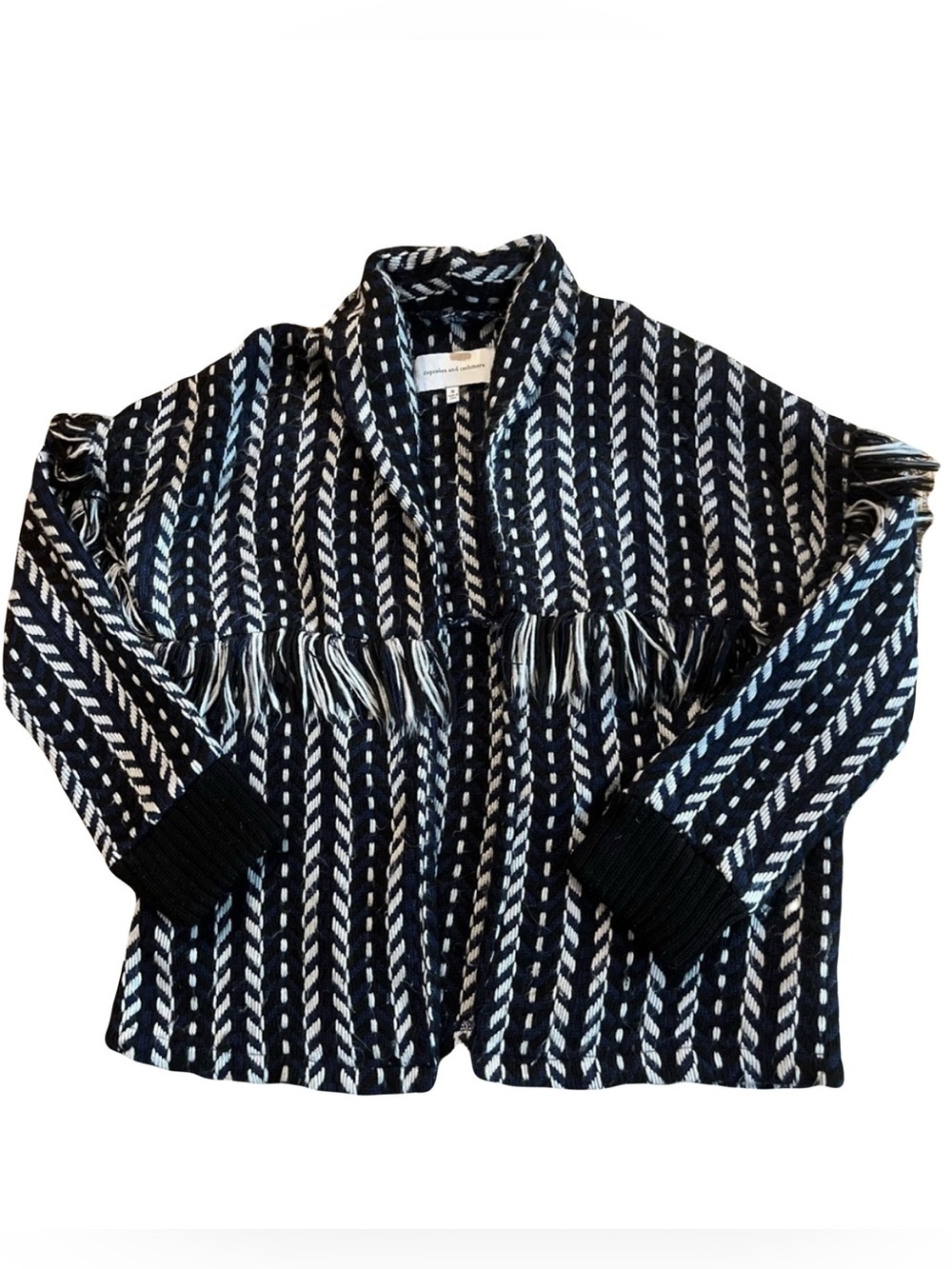 cupcakes & cashmere Fringe Shawl Collar Chunky Knit Sweater Boho Cozy Layering